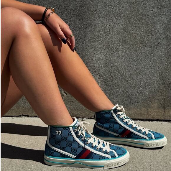 Gucci Tennis 1977 High Top Sneakers Turquoise Navy Logo Monogram Size 37 - Picture 2 of 11